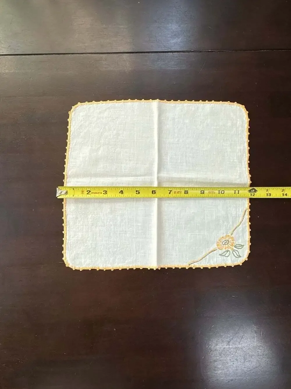 Set of 2 Vintage White Cotton Napkins Embroidered Yellow Floral Corners, Edging